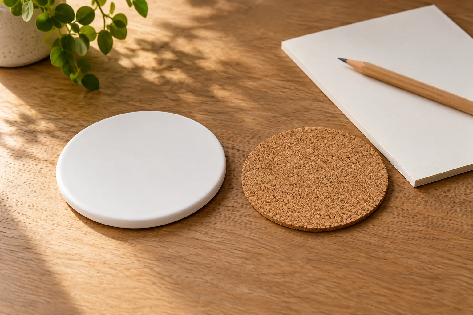 A coaster backing accessory enquiry places a generic ceramic coaster body and separate cork pad beside a blank order note while included components and delivery assembly remain questions.
