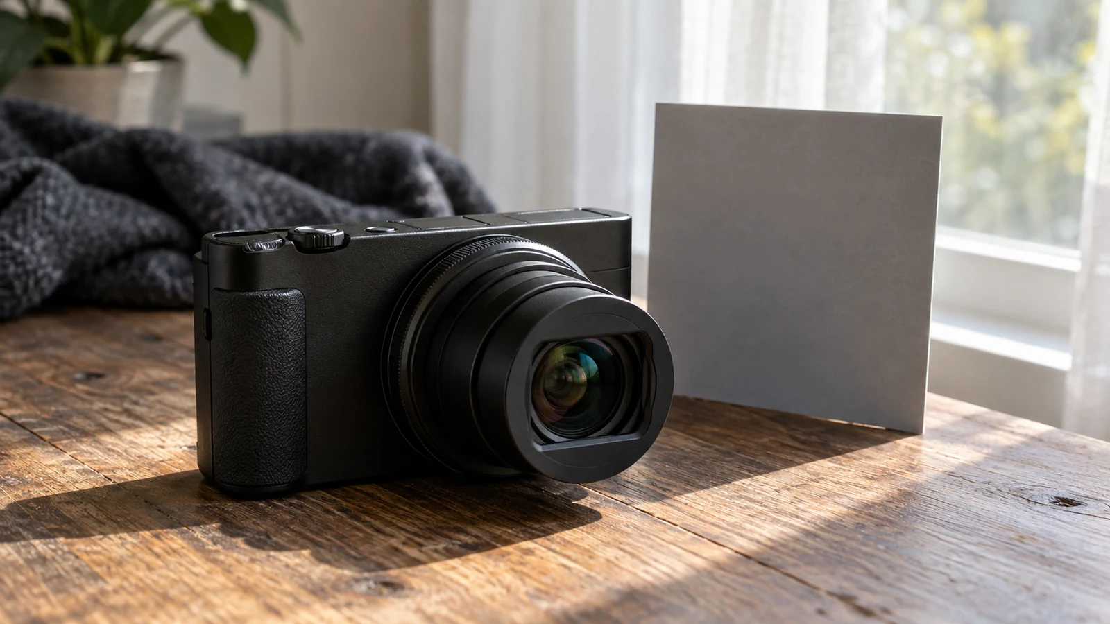 Sony ZV-1 II metering checks: An unbranded black camera and gray card sit on a wooden table beside a window.