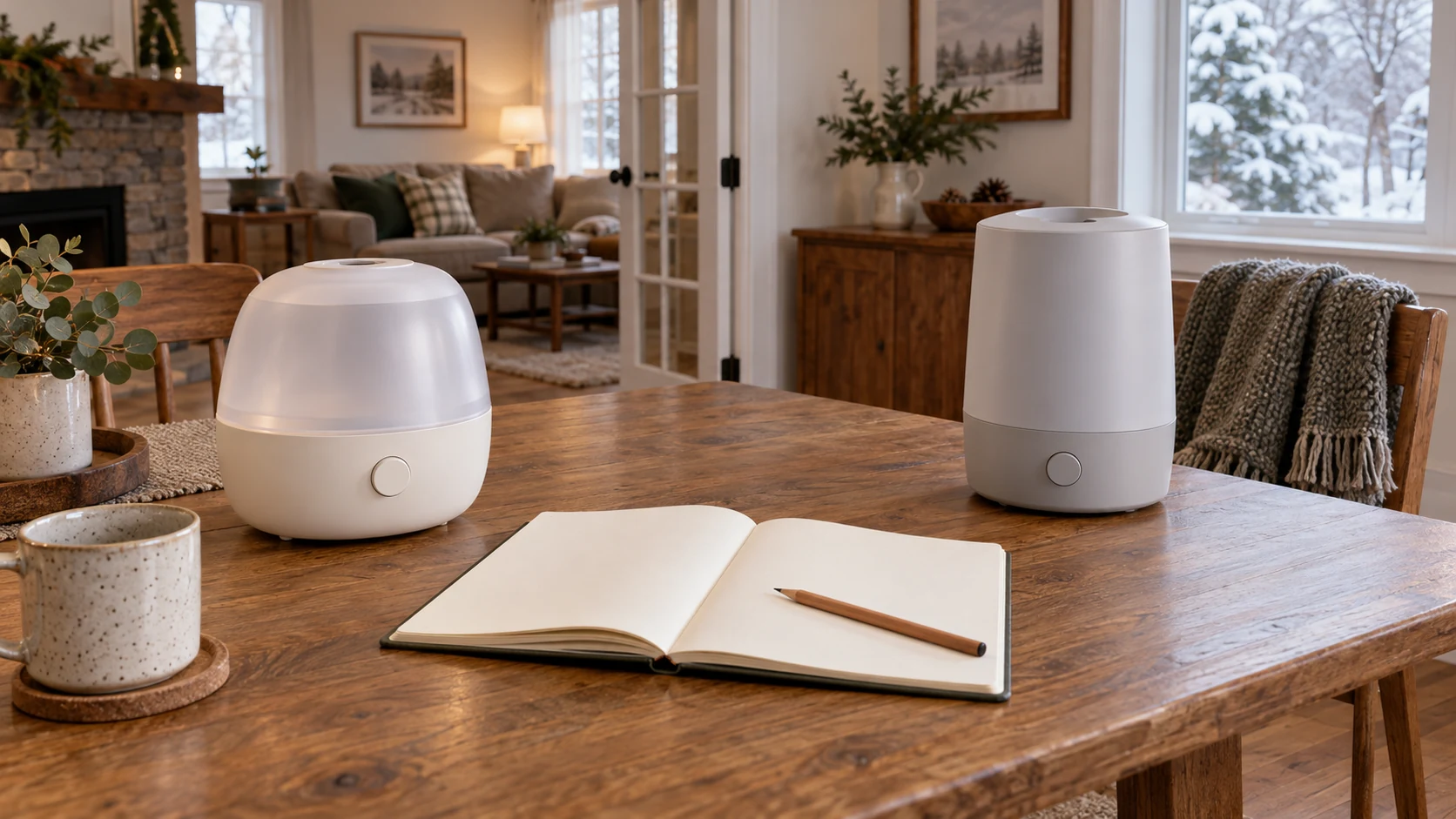 Winter comfort checklist for a multi-room home illustrated by two complete generic inactive humidifiers and a blank notebook in a winter household setting.