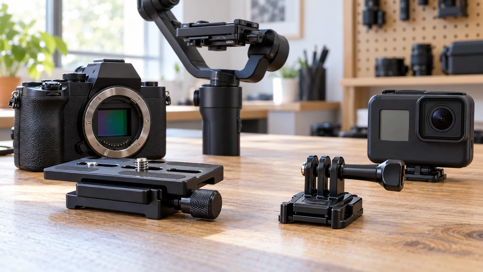 Checking quick-release plate fit with a broad camera-gimbal base beside a separate compact action-camera mount on a worktable.