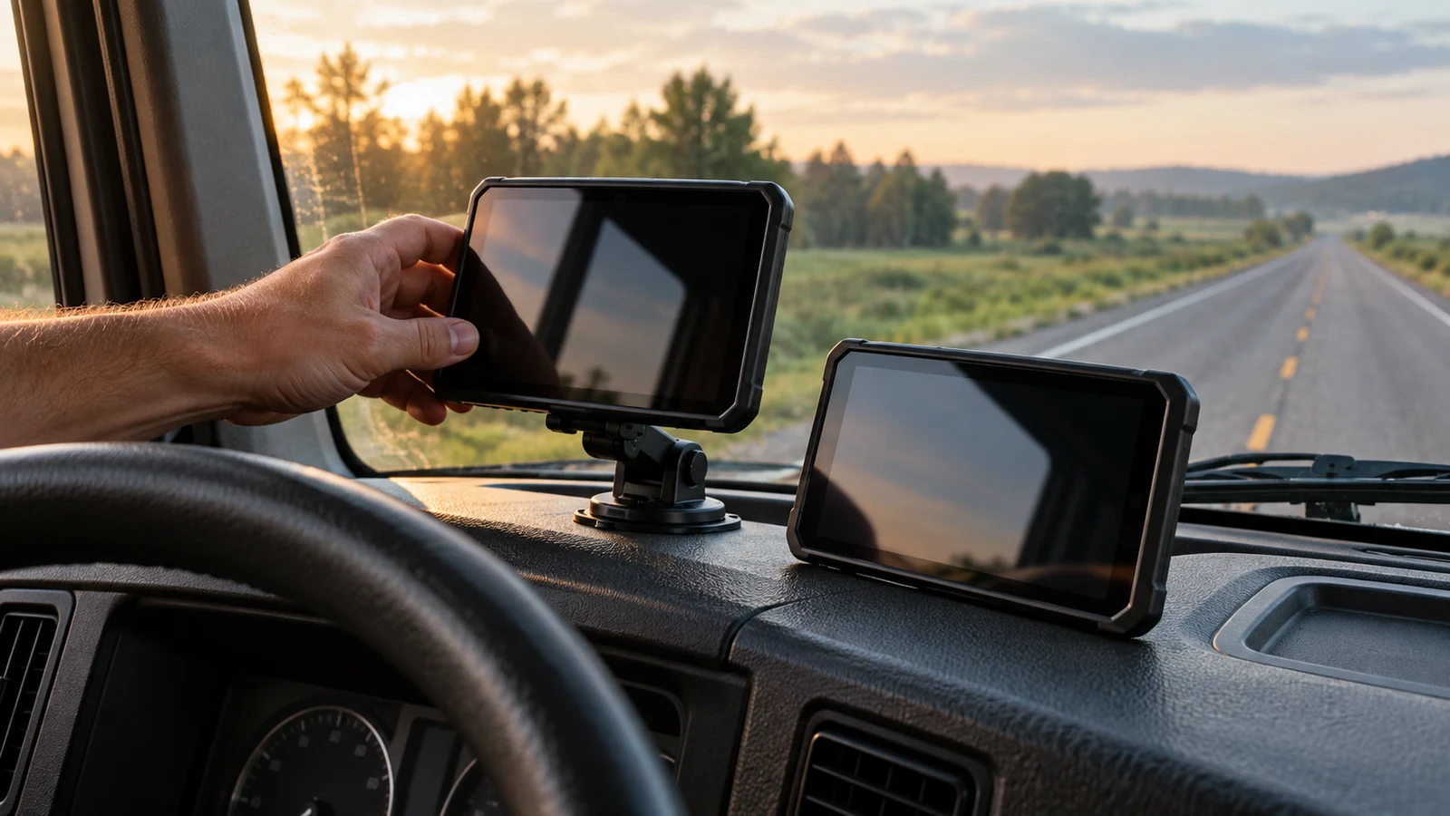 KXXNAV truck GPS: A hand holds a mounted dark-screen device beside a second device on a truck dashboard.