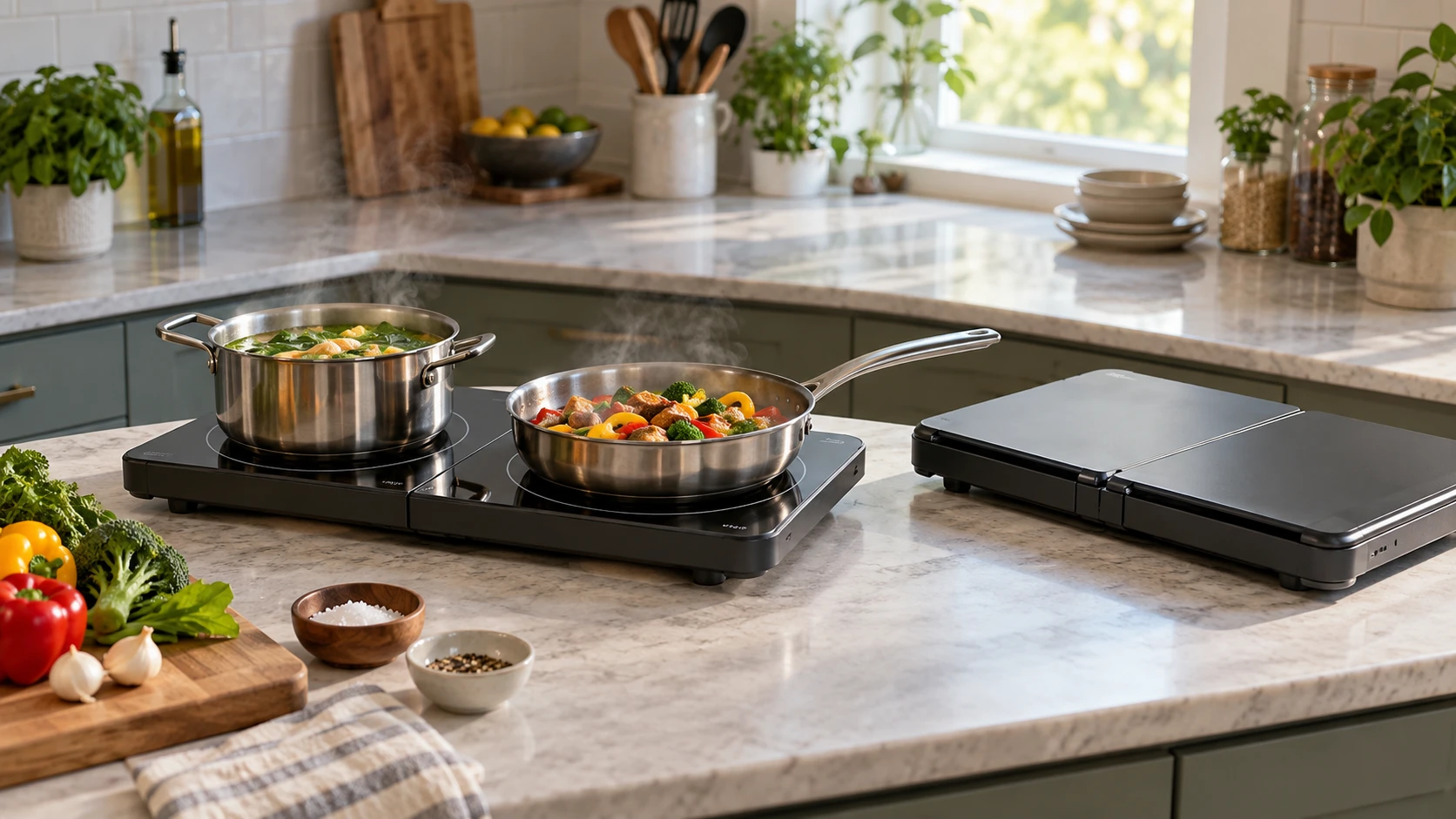 For folding 1800-watt double induction cooktop, consider shared power, storage shape, cookware fit, control claims, electrical requirements, and cleaning.