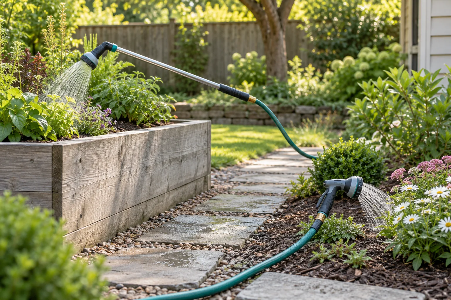 Garden watering nozzle setup illustrated by a long angled wand reaching a raised planter and a short hand nozzle beside a ground-level bed