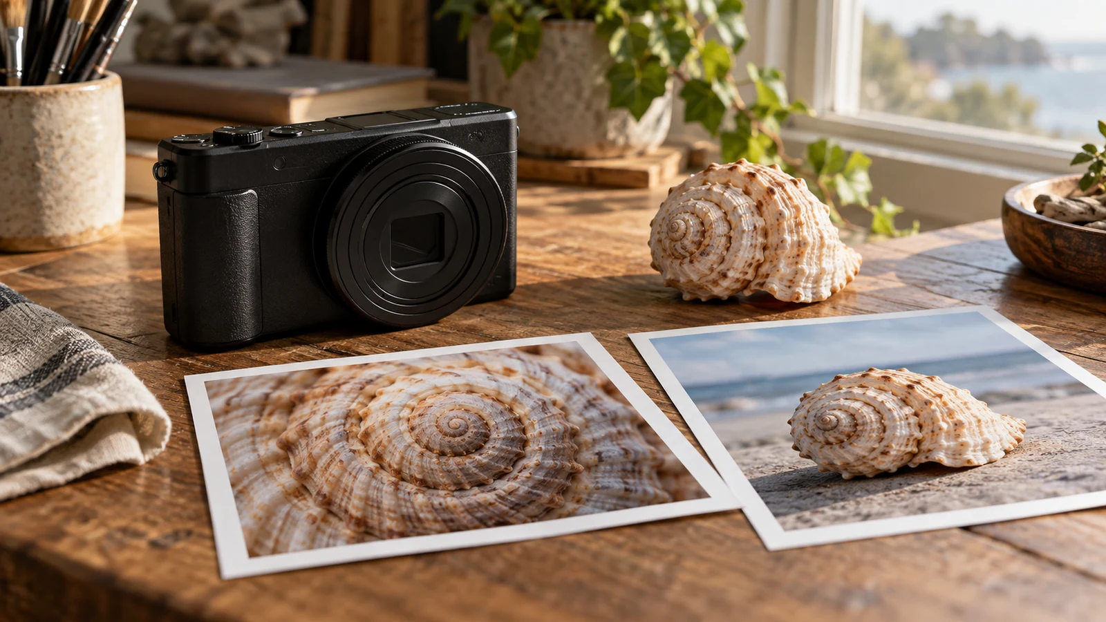 Sony ZV-1 II photo riddles: A compact camera, seashell, and two seashell photographs sit on a wooden table.