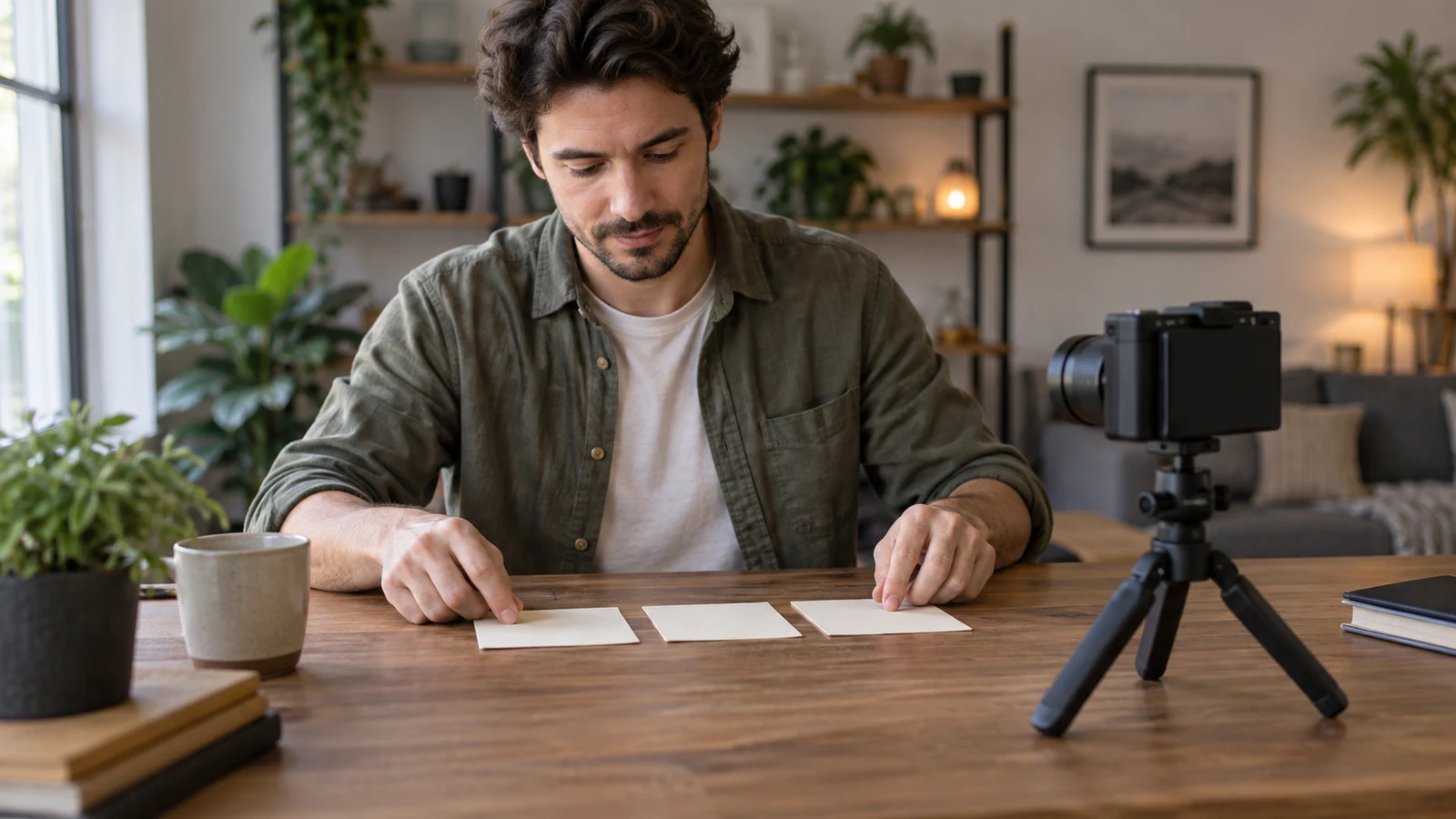 Sony ZV-1 II scripted recording: A man arranges three blank cards beside a camera on a tabletop tripod.