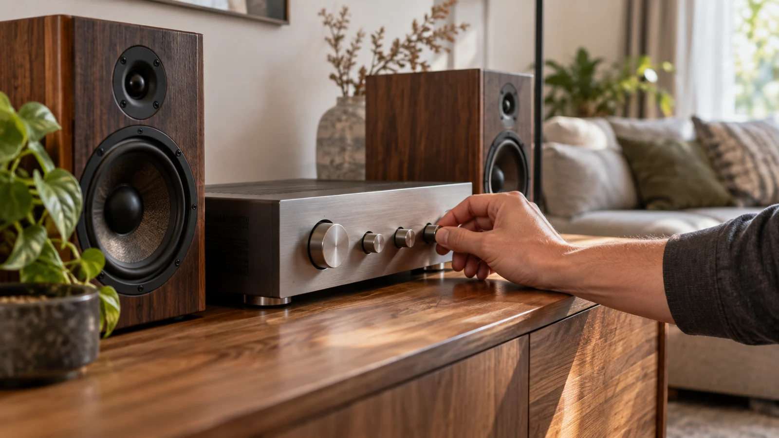Pyle tone adjustment checks: A hand adjusts an amplifier knob beside two wooden speakers on a console.