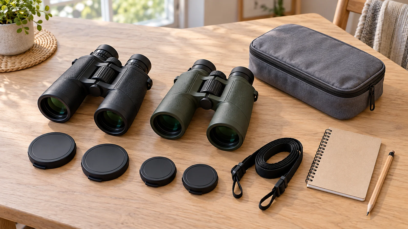 Binocular accessory fit illustrated conceptually by two whole generic binoculars with separate generic covers, lanyard and bag, without demonstrating an attachment.