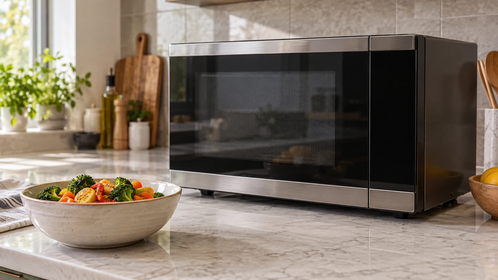 Panasonic microwave NN-SN68QB: An unbranded microwave stands beside a bowl of vegetables on a stone countertop.