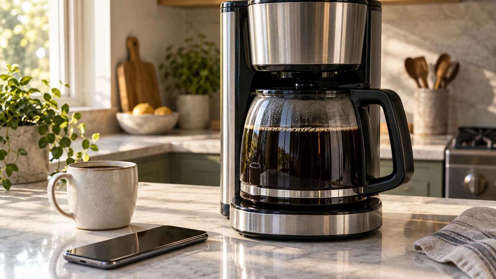 Cafe coffee-maker: A drip coffee maker with a glass carafe stands beside a dark-screen phone and ceramic mug on a kitchen counter.