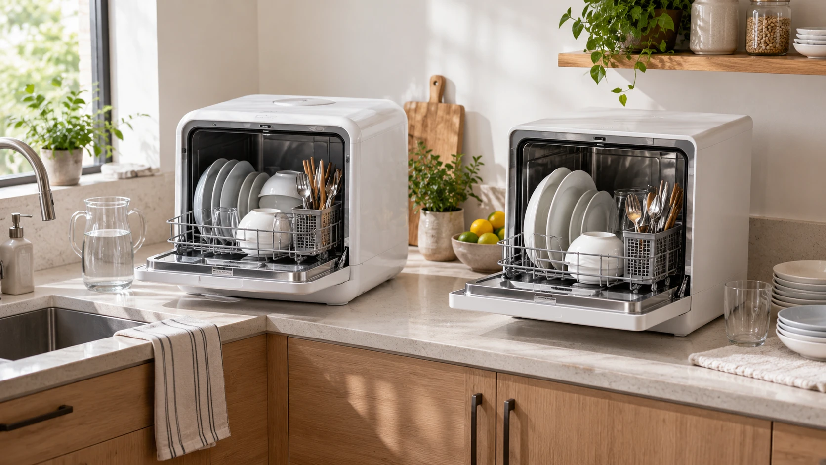 For 1.59-gallon tank countertop dishwasher, weigh filling, draining, loading, and drying details.