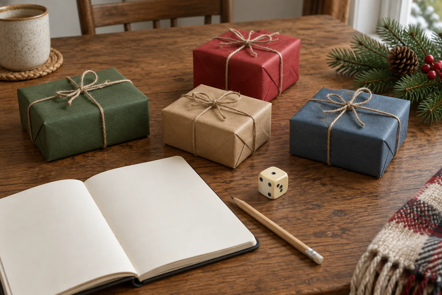 Christmas dice gift exchange concept with four whole generic wrapped parcels and a six-sided die beside a blank notebook, pencil and evergreen sprig.