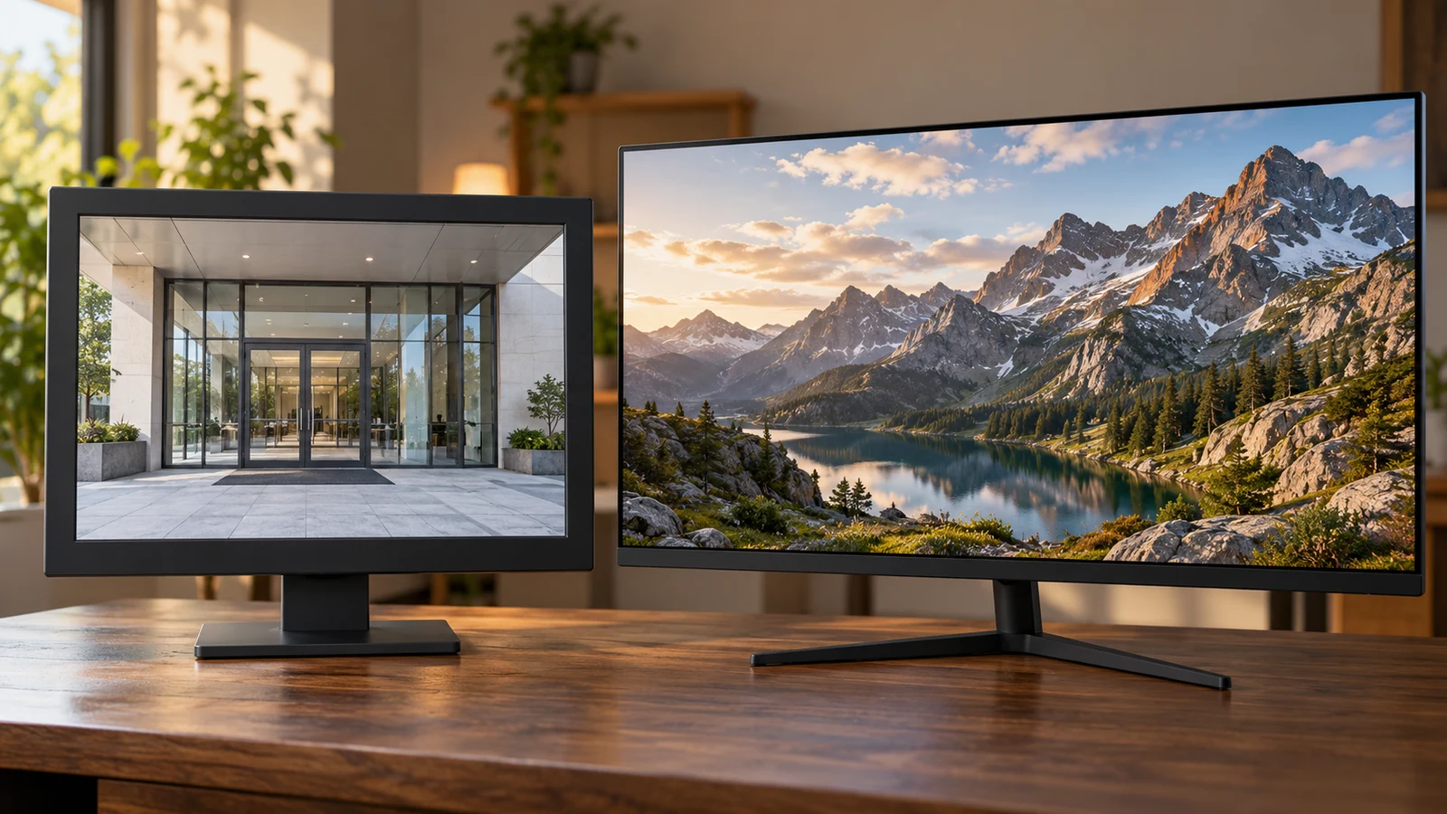 ViewEra security monitor: Two unbranded monitors display a building entrance and mountain scenery on a wooden desk.
