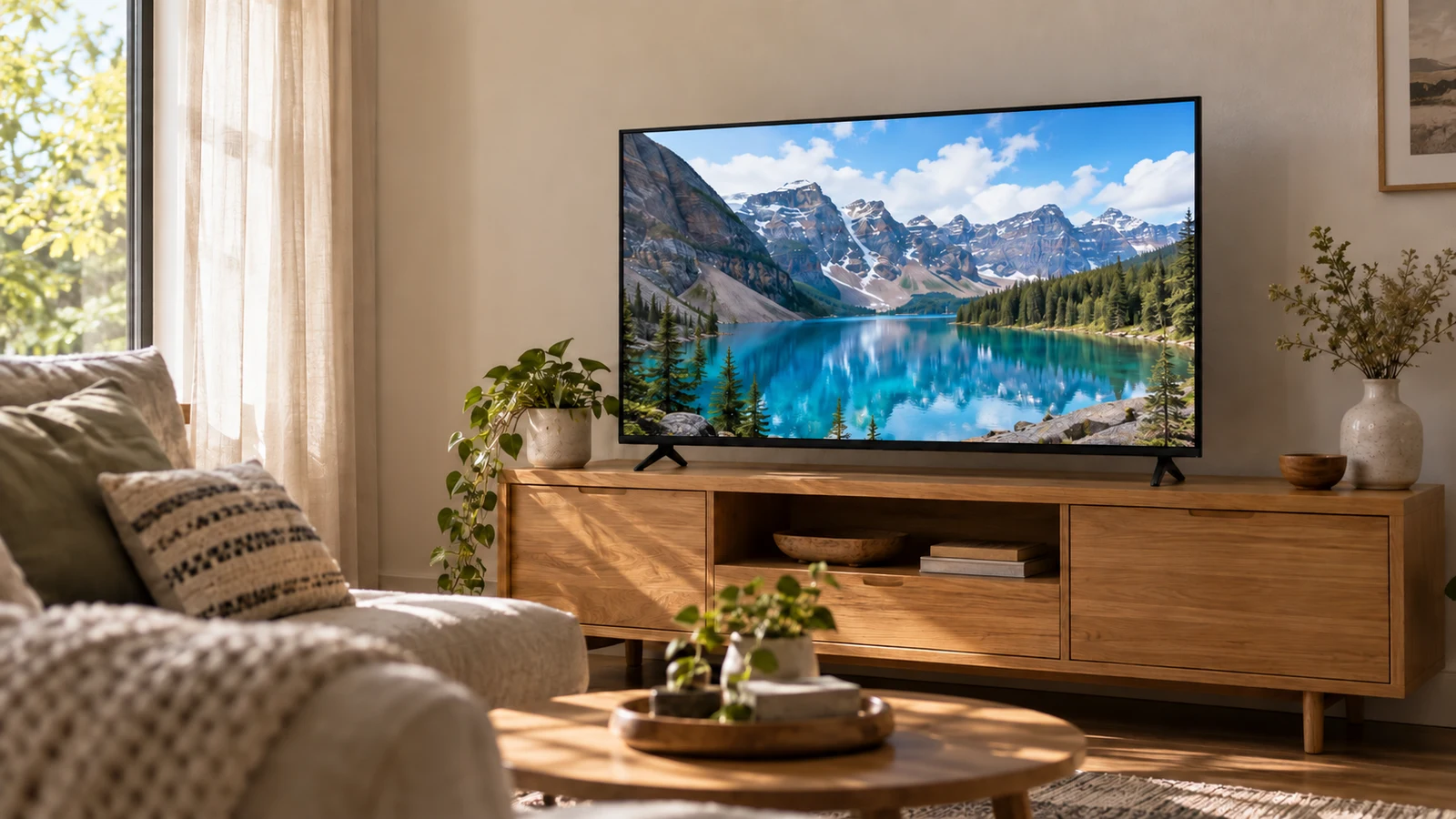 Westinghouse 43-inch Roku TV: A television displaying a mountain lake stands on a wooden console beside a sofa.