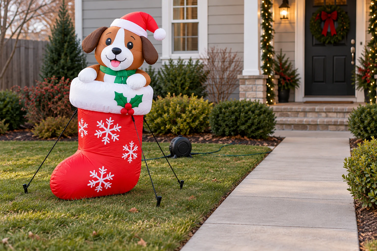 Christmas yard inflatable placement sketch showing a dog-in-stocking figure beside a clear path, with room for its blower, cord and anchors.