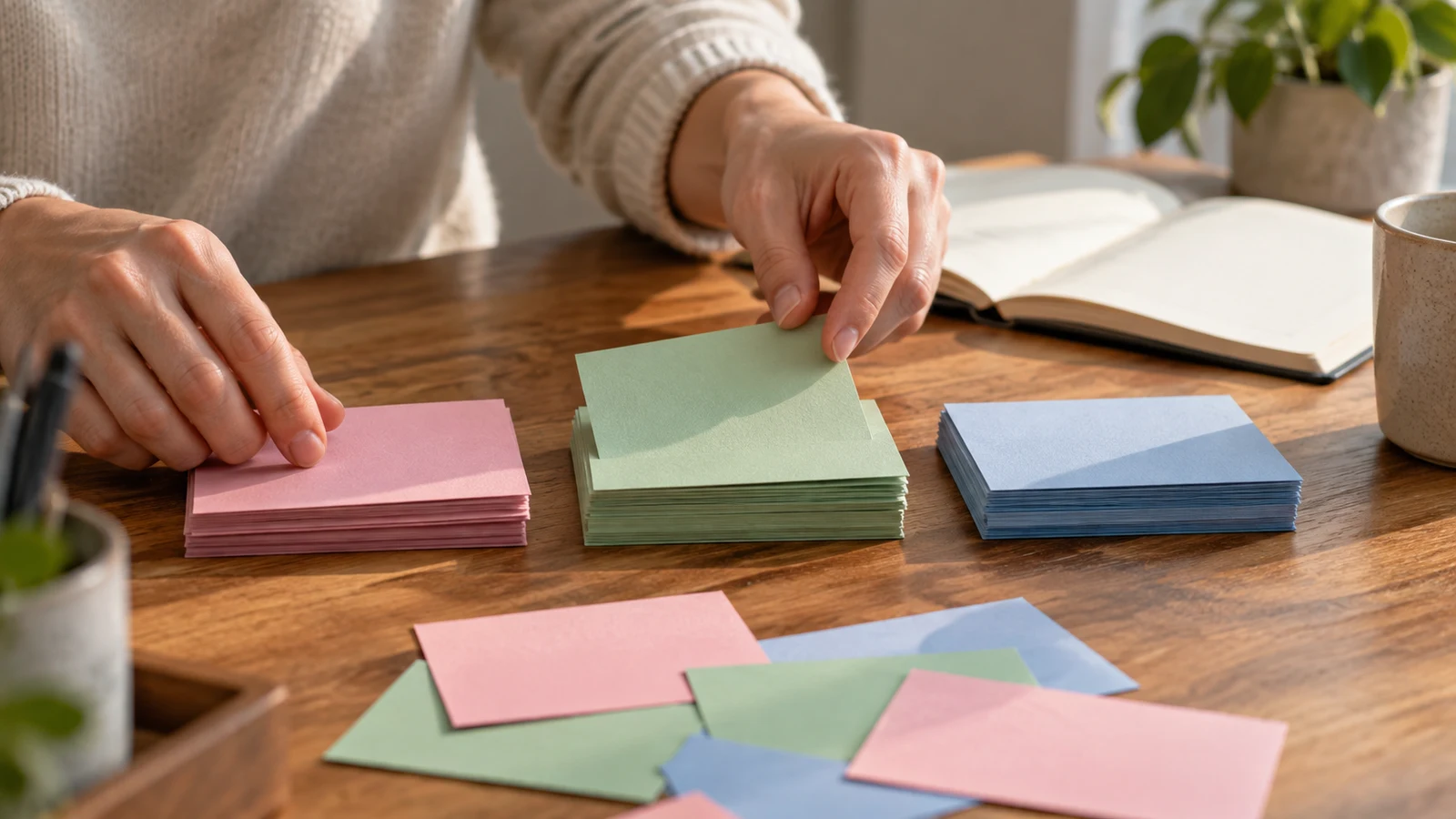 spreadsheet category mapping: Hands arrange colored cards in stacks on a wooden desk beside an open notebook.
