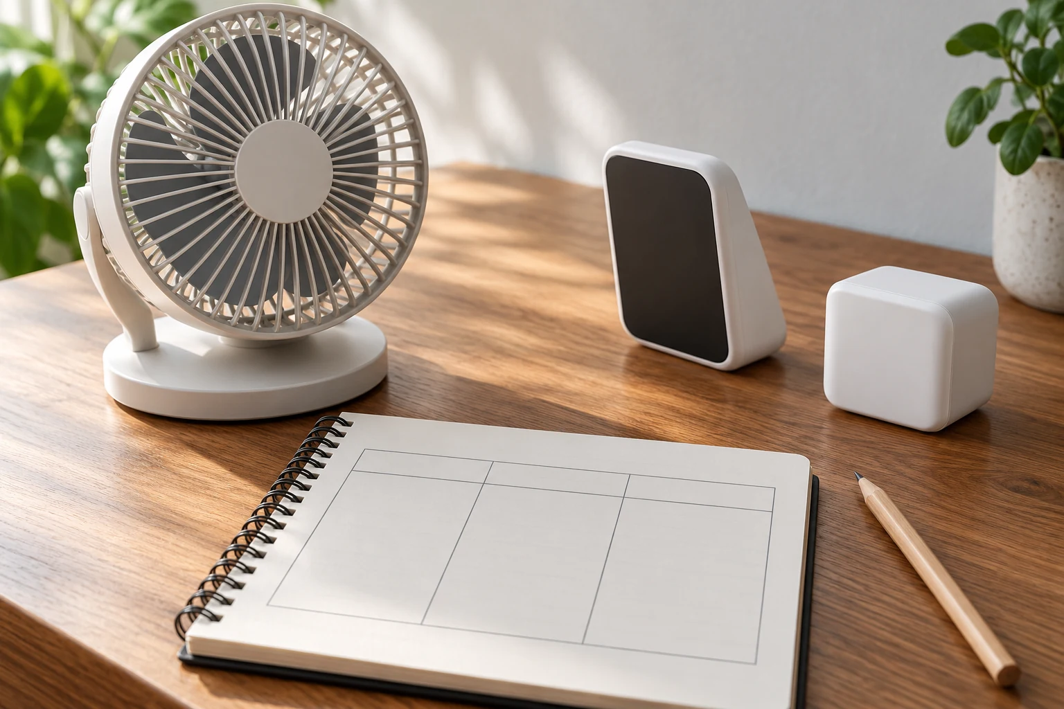 Plug-in energy-use cost estimate scene with a desk fan, two unplugged monitoring devices and a blank measurement worksheet.