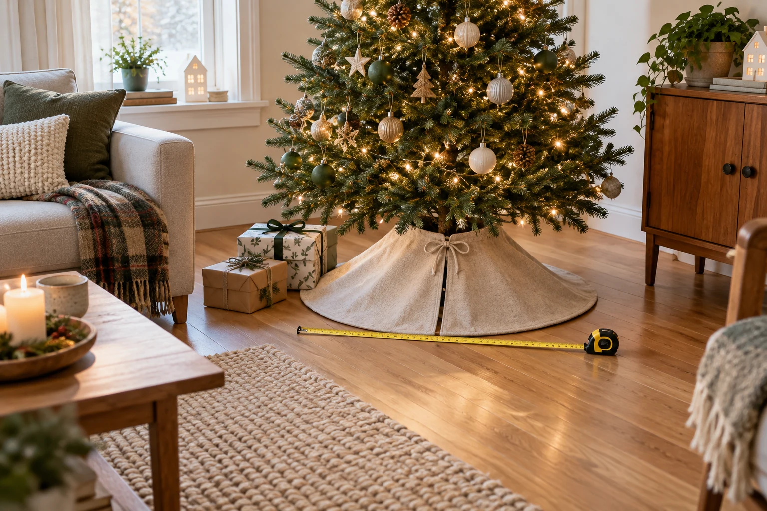 Christmas tree skirt size for small rooms guide showing a tree skirt measured around a compact holiday tree with a clear walking path.