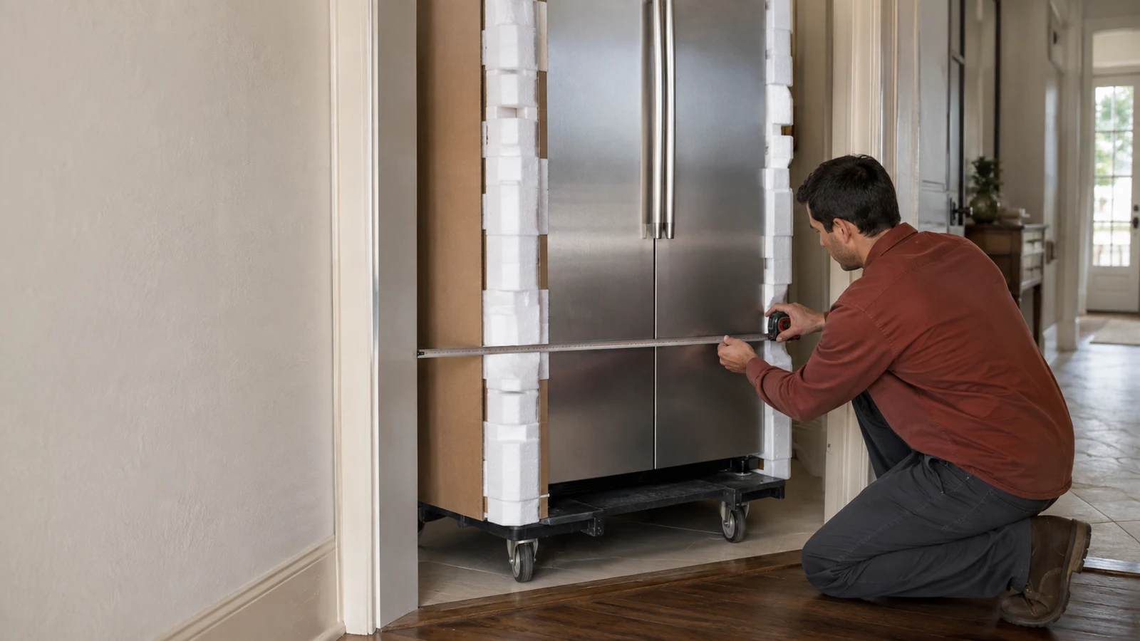 buy appliances with crypto: A kneeling person holds a tape measure beside a foam-protected refrigerator in a doorway.