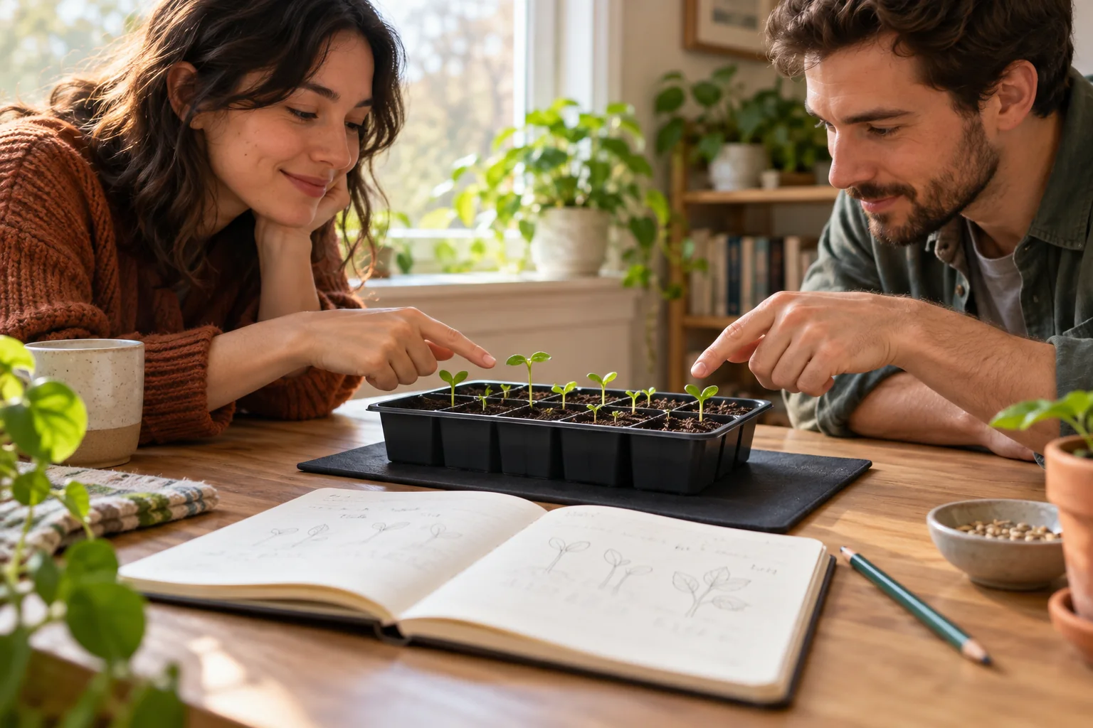 Seed tray observation routine with two people looking at small seedlings beside an open notebook and a dark mat.