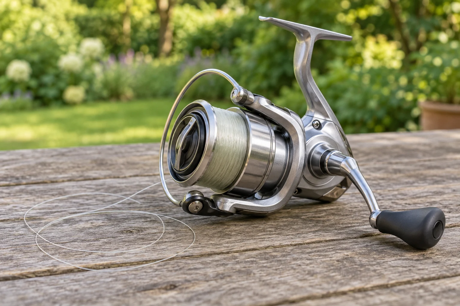 Spinning reel line loops concept with a whole generic silver spinning reel and loose fishing line on a wooden outdoor table.