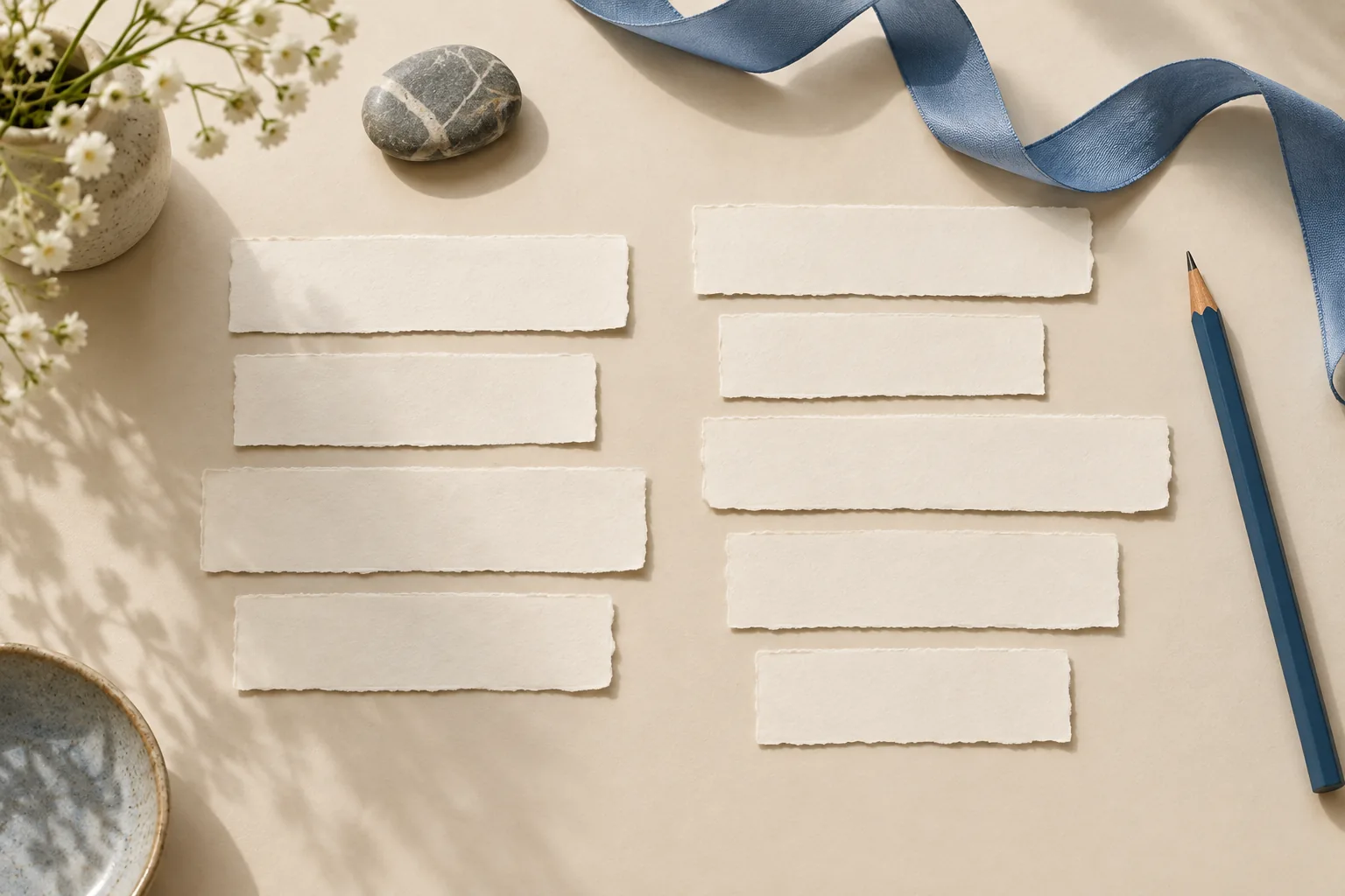 Choosing line breaks in a short poem is represented by two columns of blank paper strips grouped into four and five lines, suggesting different arrangements of the same words.