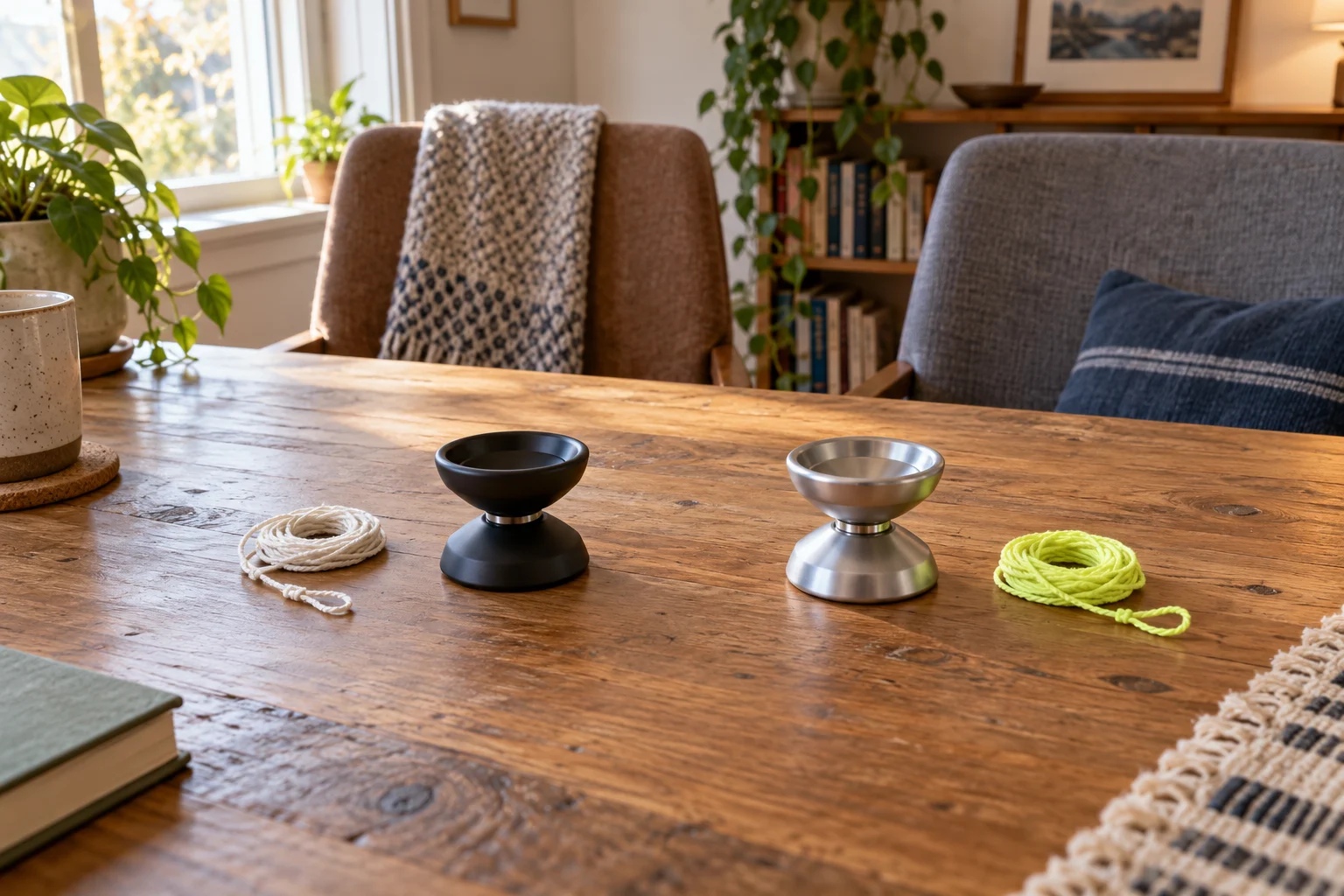 Sharing a yo-yo hobby concept with two whole generic inactive yo-yos and separate whole coiled strings on a home table; no exact models or technique shown.