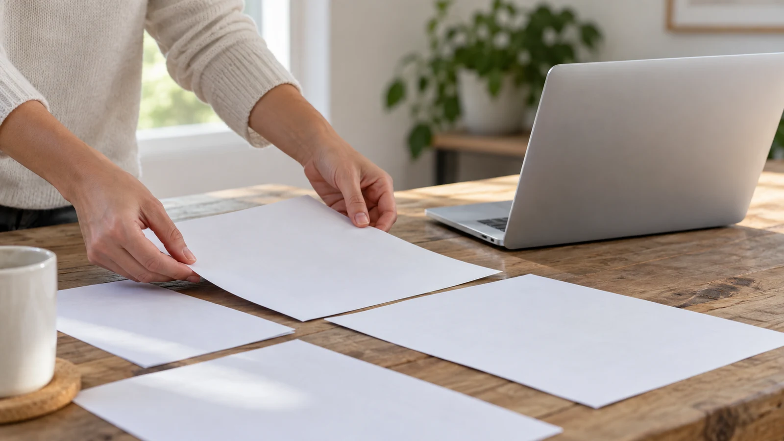 Dell Inspiron PDF page reordering: A person arranges blank sheets beside an unbranded laptop on a wooden desk.
