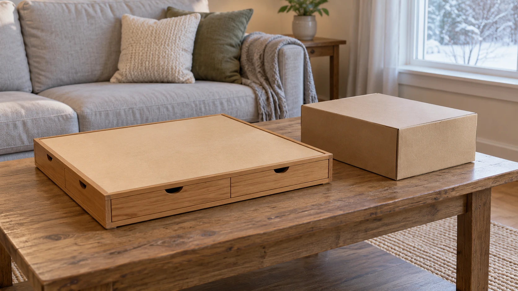 Holiday jigsaw storage concept with a whole generic closed puzzle board and a separate whole plain box.