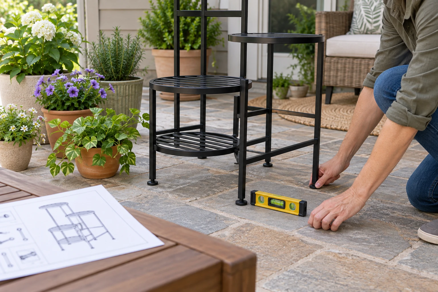 A tiered plant stand with pots safely set aside while a person checks a foot and a small level on the patio before reloading.