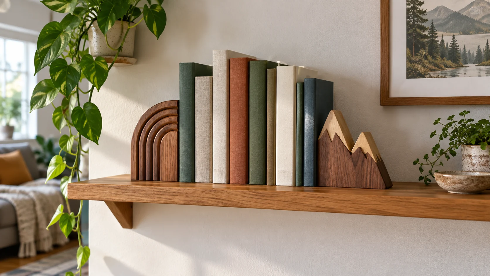 decorative bookends on a small shelf framing a compact row of books, with a layered arch shape and a wood mountain motif.