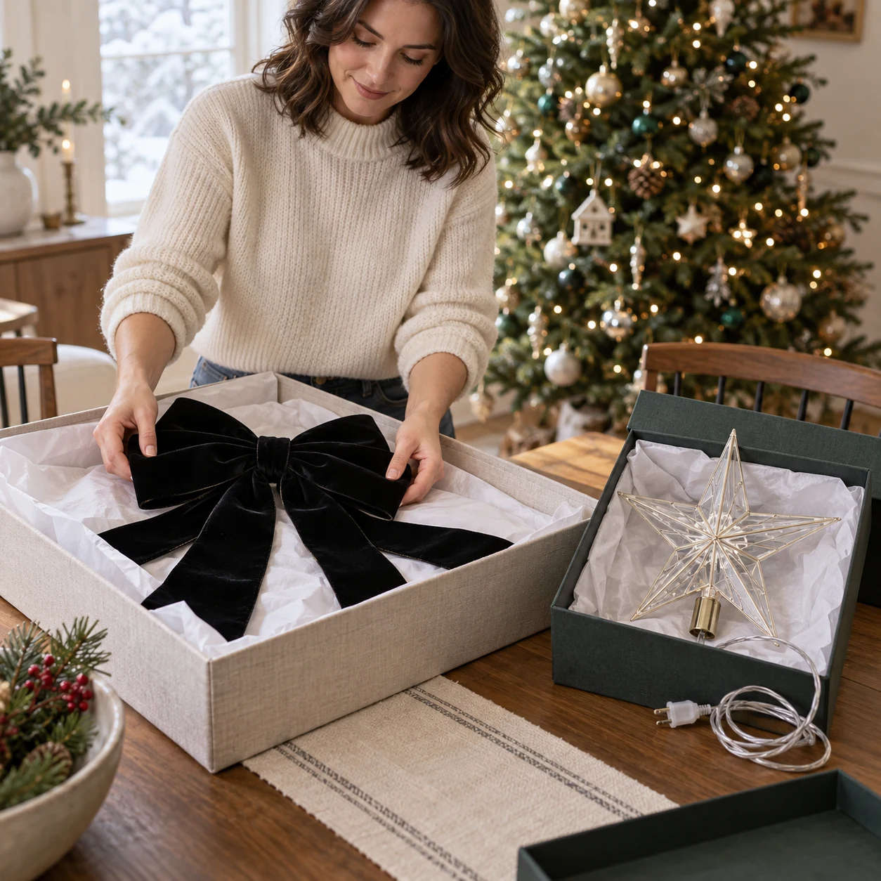 A Christmas tree topper bow laid without crushing its loops in a shallow box beside an unplugged lighted star in a separate protective box.