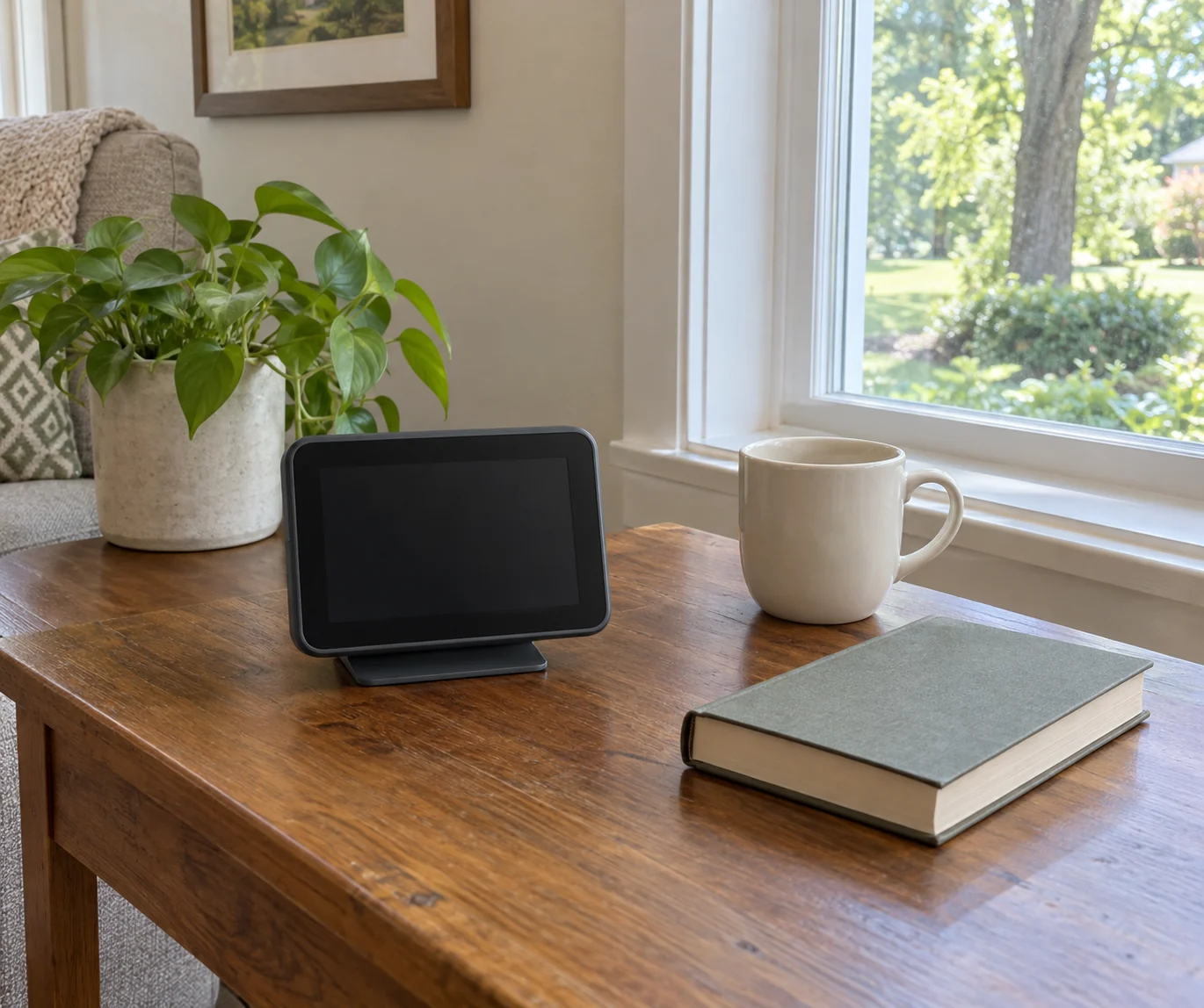 Weather station readings concept with a whole generic inactive blank-screen display beside a plain cup and closed book on a wooden table by a window.