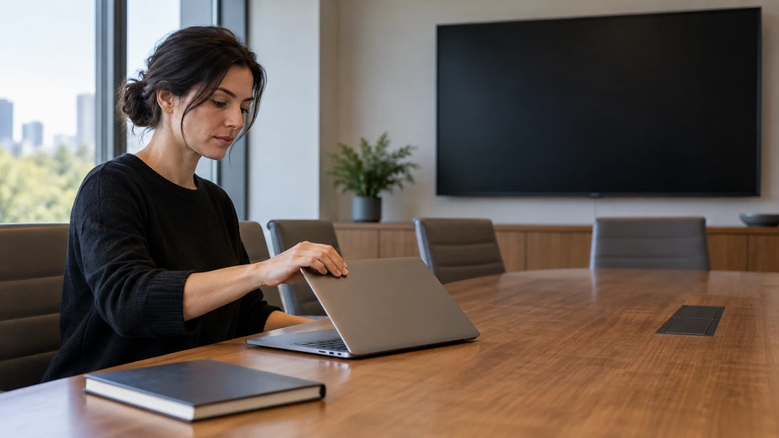 shared screen privacy: A woman holds a laptop lid at a conference table beneath a blank wall-mounted screen.