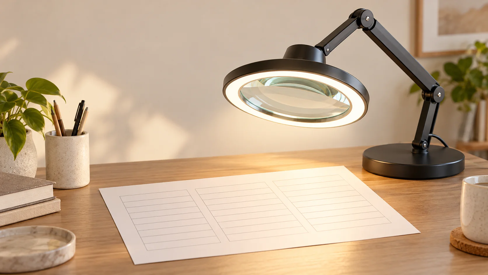 A lighted magnifier specifications comparison at a desk: an illuminated lens above a blank three-column worksheet for separating optical power, magnification and lens size