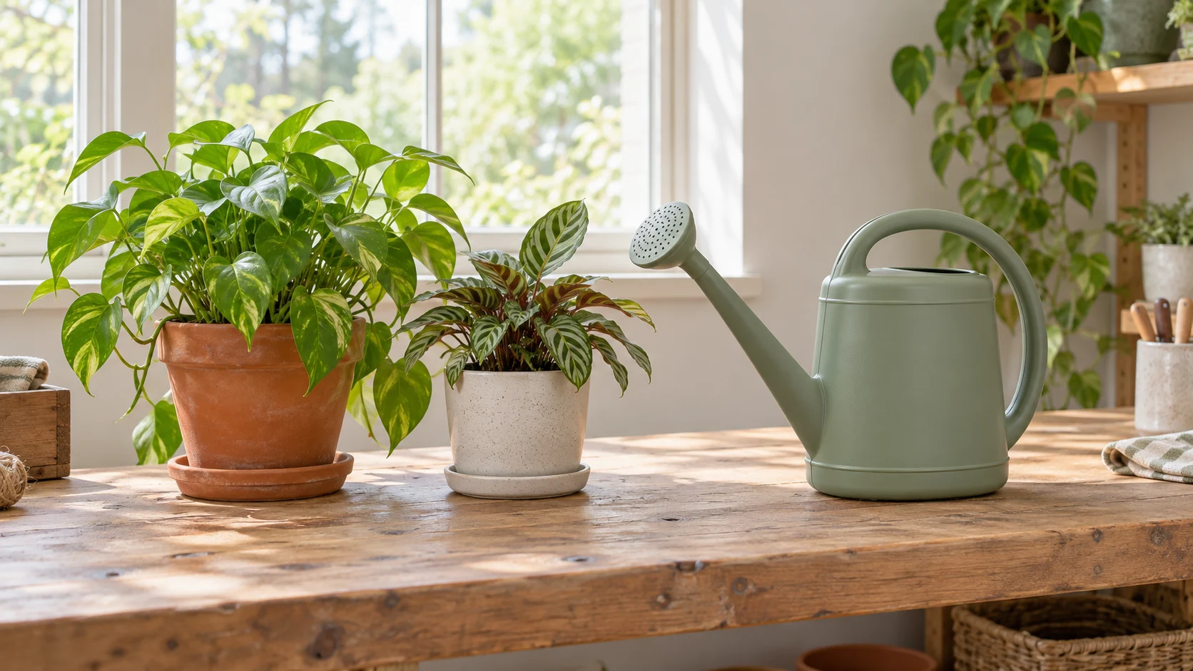 Overwatering with a watering can illustrated conceptually by a whole generic inactive green can with a long spout and rose beside two whole pots and saucers.