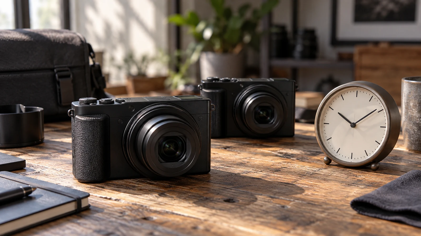 Sony ZV-1 II photo time checks: Two black cameras and an analog clock sit on a wooden table.
