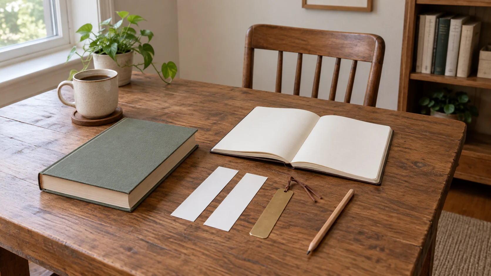 Reading group book request queue illustrated by a complete book, blank notebook, generic paper and metal bookmarks, and pencil on a household table.