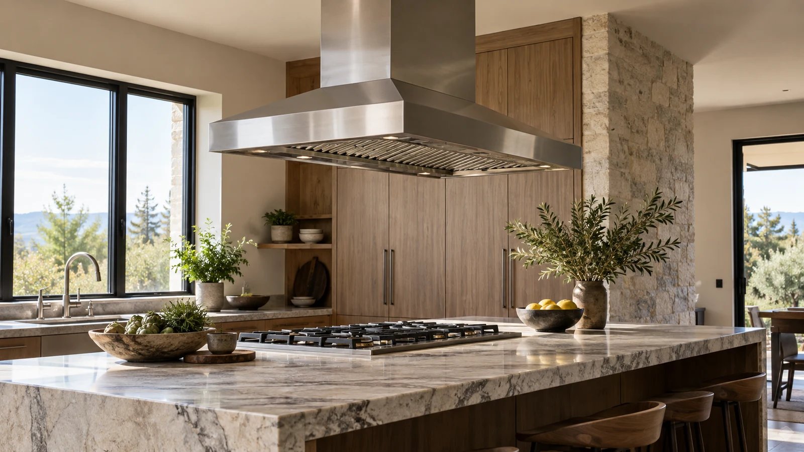 island range hood selection: A stainless steel hood hangs above a gas cooktop in a stone kitchen island.