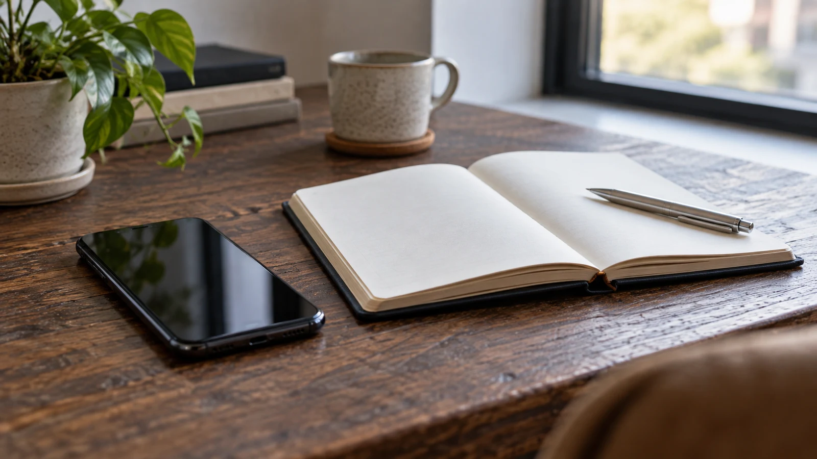 overpaid crypto invoice: A phone rests beside an open blank notebook and metal pen on a wooden desk.