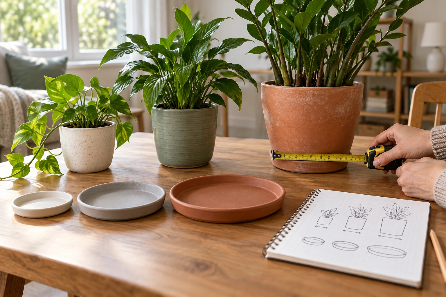 A plant saucer multipack planning scene with different sized potted plants, separate empty saucers and a hand-drawn pot-measurement sketch.