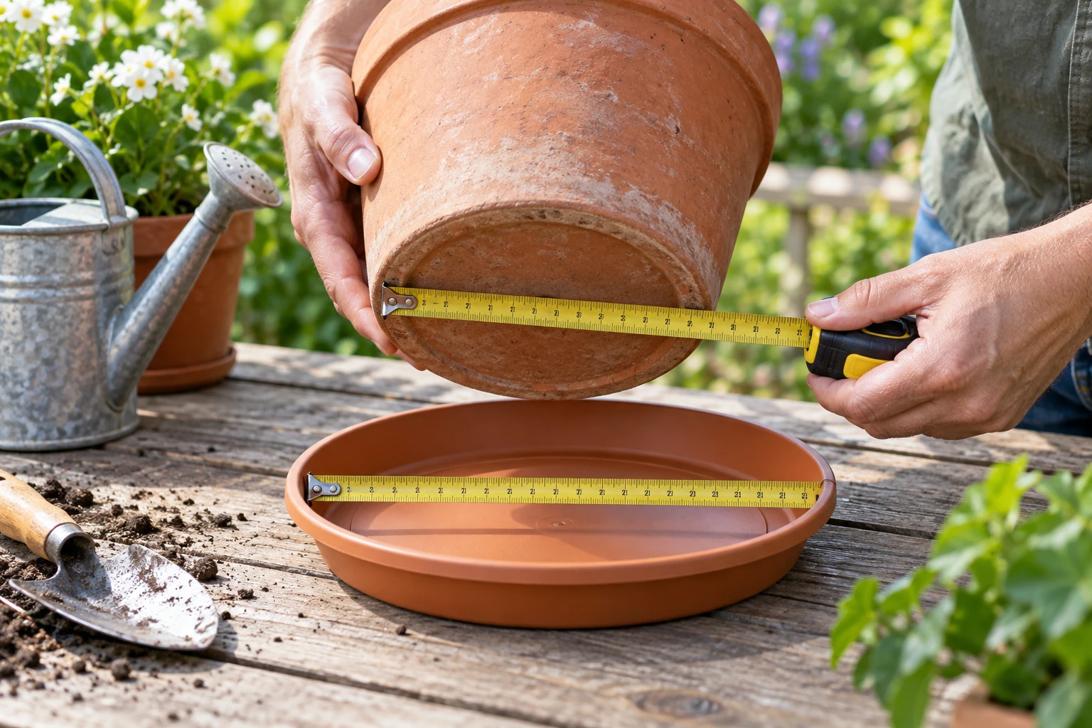 A plant saucer and terracotta pot measured across their supporting surfaces on a garden worktable before the pot is set into the tray.