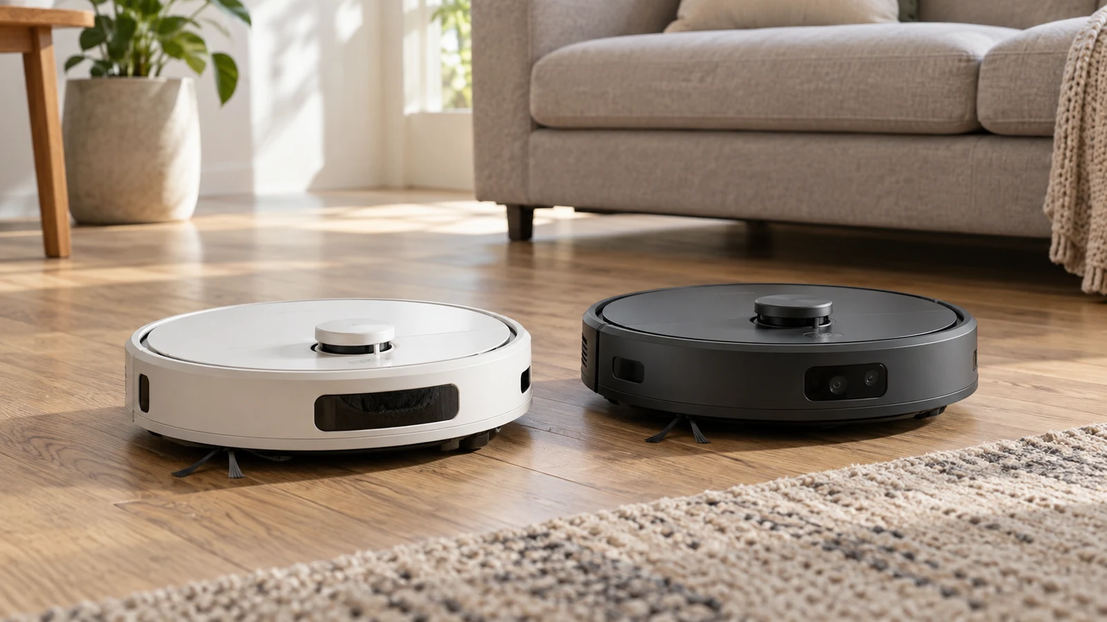 ECOVACS OZMOX8M: Two robot vacuums sit on a wooden floor beside a textured rug.