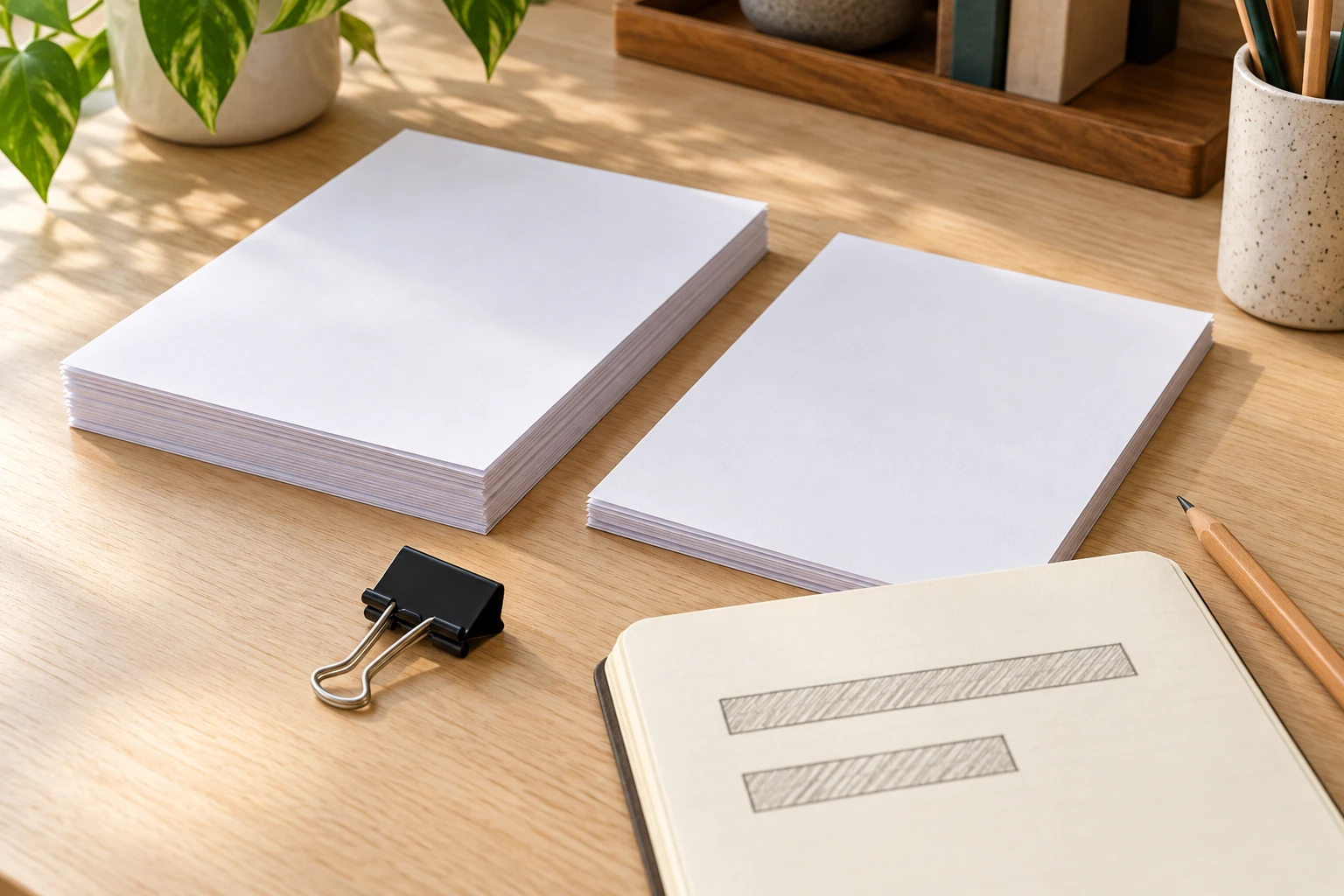 Paper packet thickness ranges illustrated by two paper stacks, shaded planning bands and an unused binder clip, showing a range-planning decision rather than a holding test.