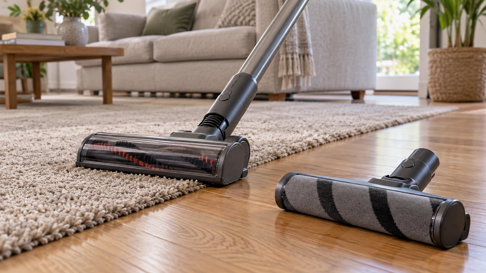 Dyson vacuum V11: A vacuum brush rests on a beige rug beside a separate roller attachment on a wooden floor.