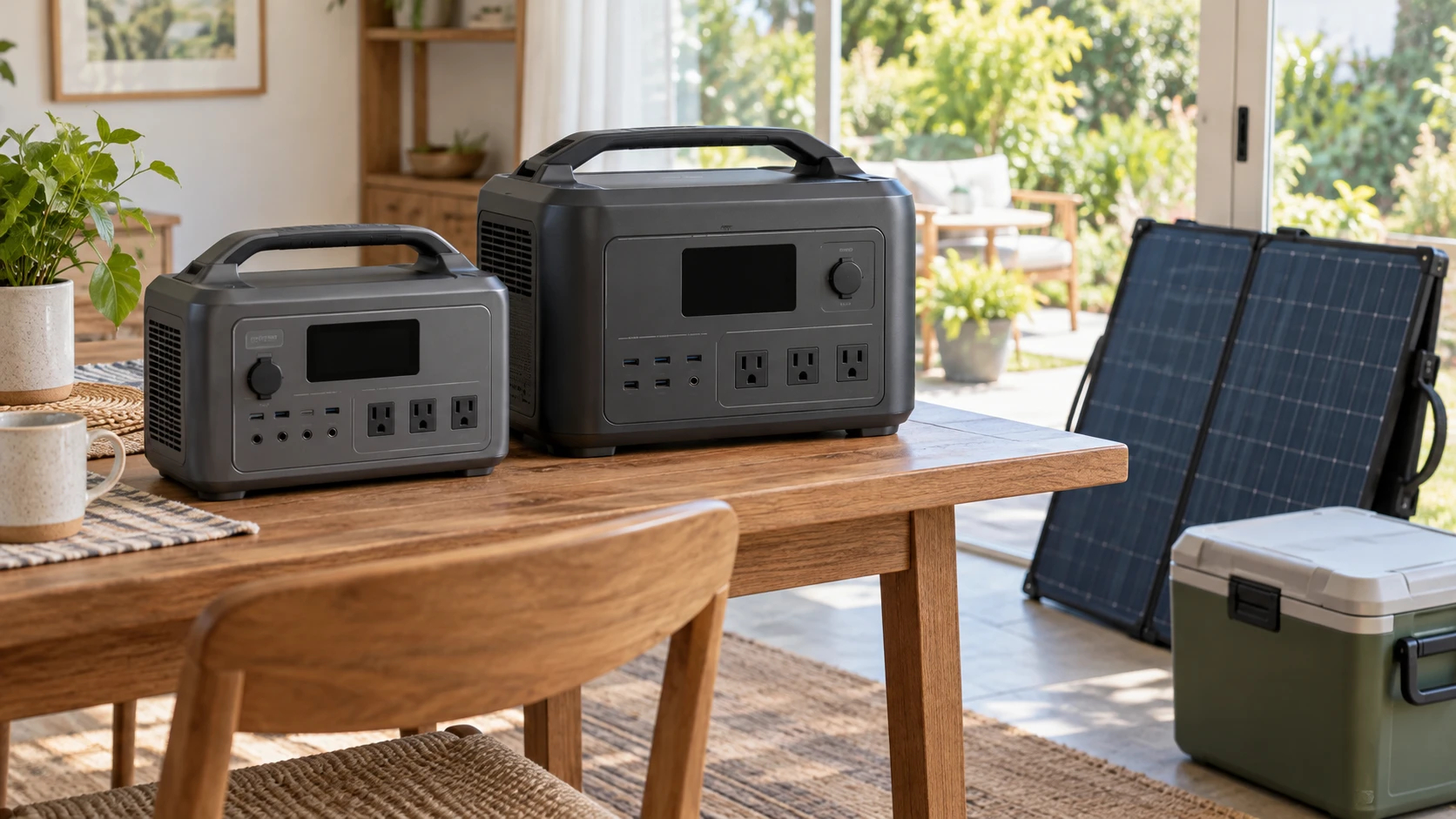 Portable power station energy and output represented by generic closed stations, a separate solar panel and cooler; conceptual image, not actual FFpower or Jackery models or tested connections.