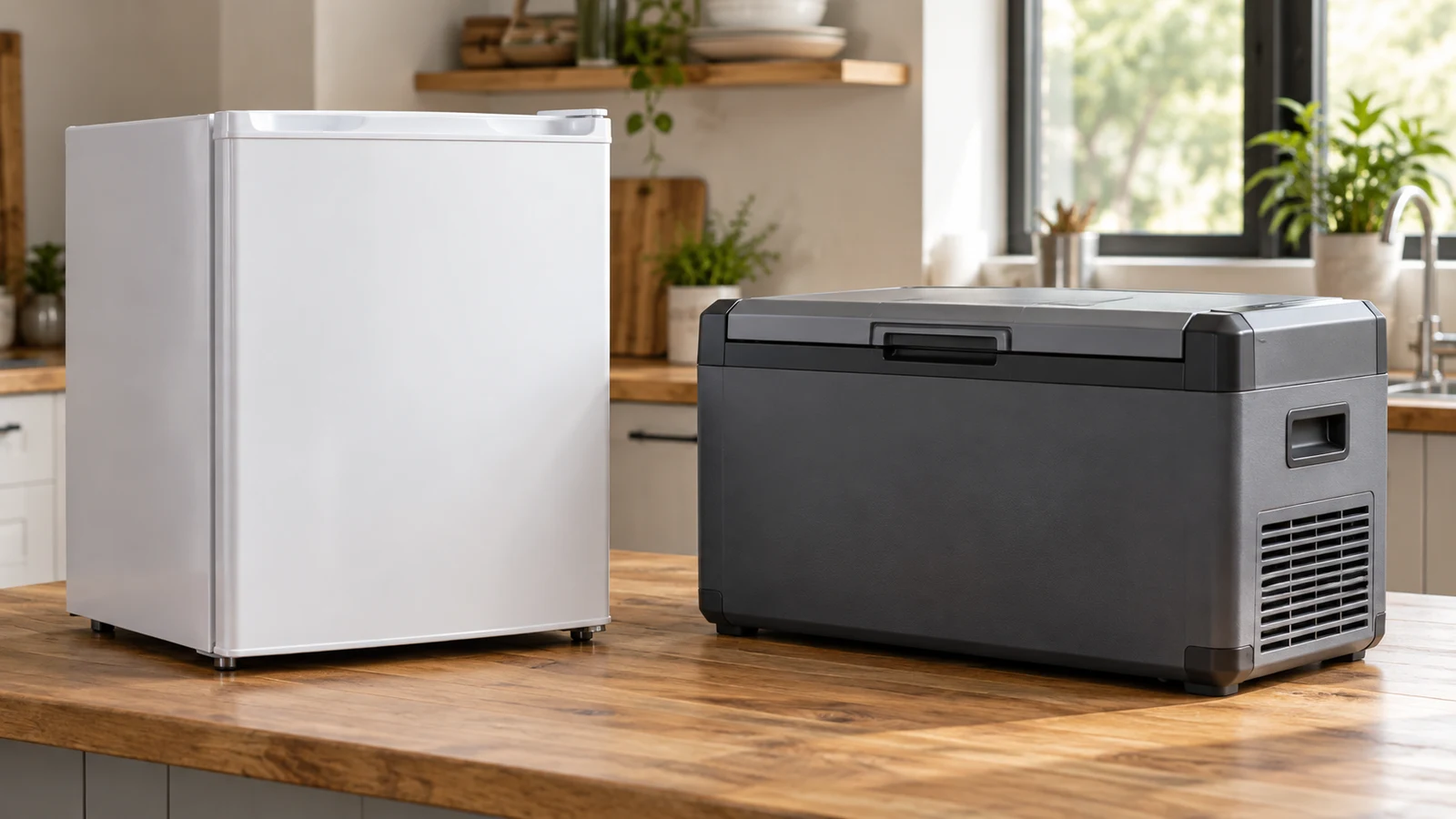 Saros mini fridge: A white mini refrigerator and a dark gray cooler sit on a wooden kitchen counter.