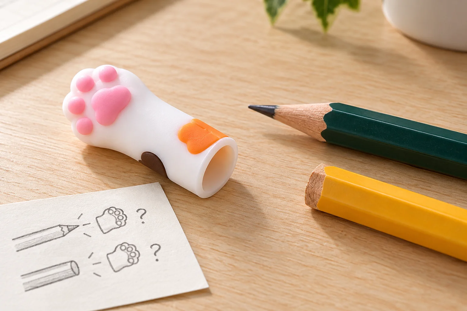 Pencil cap won't stay: a loose paw-ended cap beside a sharpened pencil point and a short pencil's blunt end, with separate role notes.