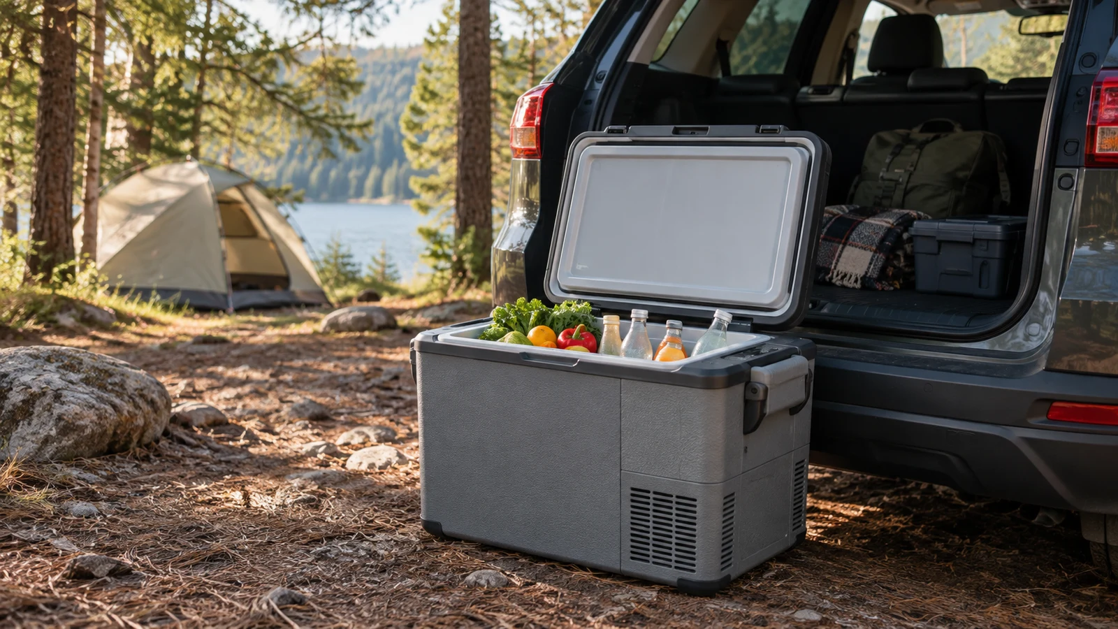 Alpicool XD35 car refrigerator: An open portable refrigerator holds food and bottles beside a vehicle near a lakeside tent.