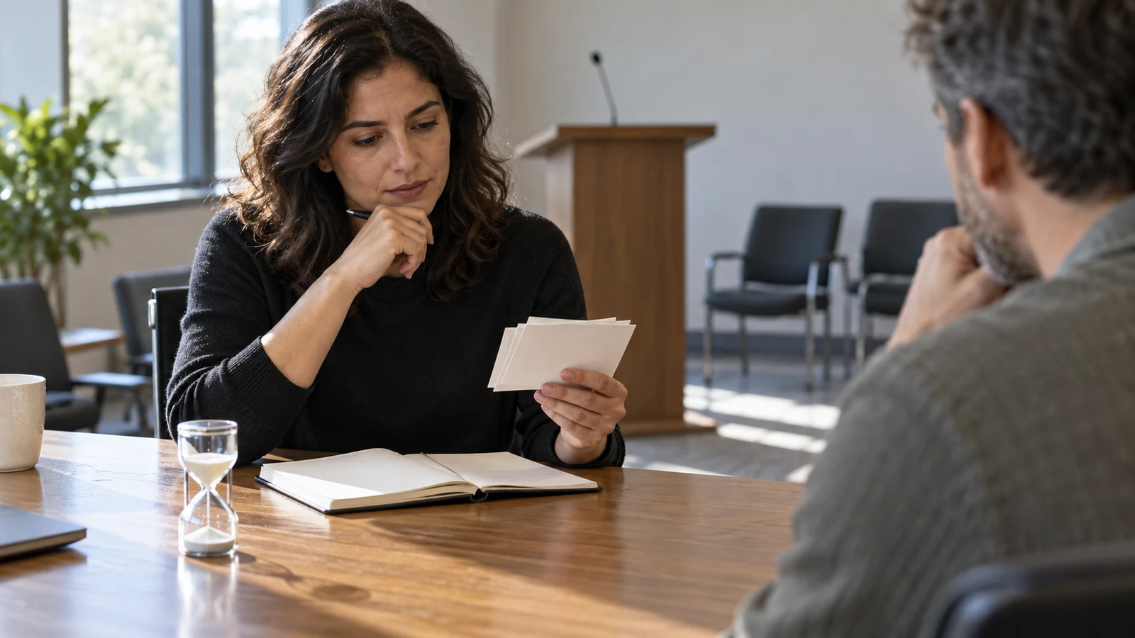 presentation Q&A planning: A woman holds blank cards opposite a seated man at a table with an hourglass and open notebook.