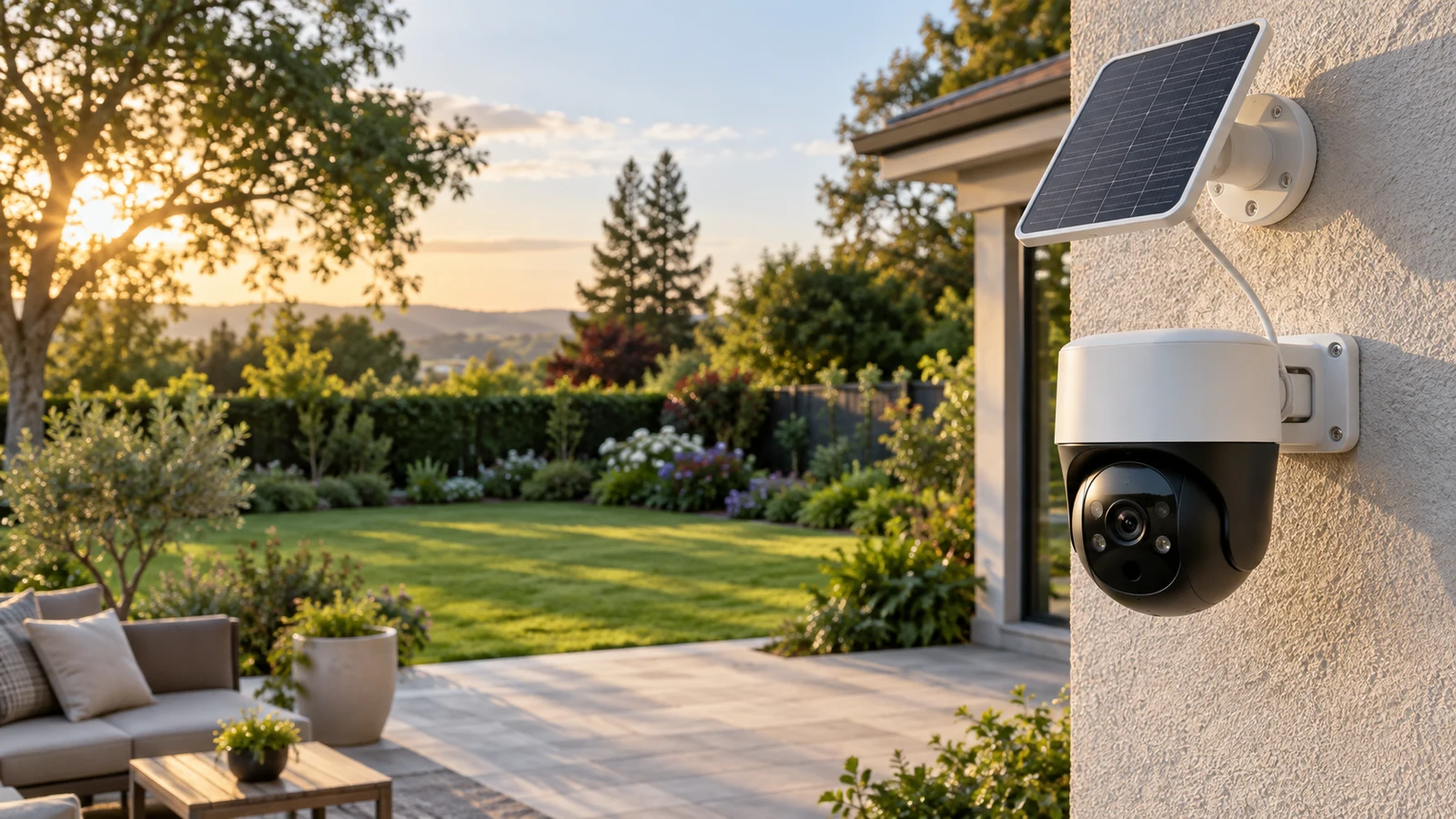 eufy SoloCam S340 solar camera: An unbranded camera and solar panel are mounted on a wall beside a garden.